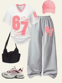 Sparklyn 2 pièces/Set Maillot de basket casual de rue pour filles, col en V, manches courtes et pantalon de sport à jambes larges, Printemps/Été - Blanc - Voir 4