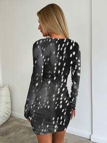 Aloruh Đầm ngắn ôm sát in họa tiết, cổ tròn, tay dài, màu trơn dành cho nữ, thích hợp cho mùa Thu/Đông. - Màu xám đen - Xem 2