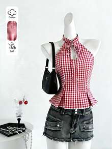 Sweetra Women's Plaid Print Halter Twist Fitted Elegant Tank Top, Spring/Summer - Red and White - View 2