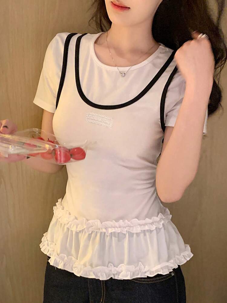 Women's Casual Round Neck Short Sleeve Ruffle Hem T-Shirt Summer
