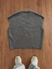 SWAVVY Men's Casual Loose Fit Standard Size Heather Grey Embroidered Tank Top, Summer - Grey - View 3