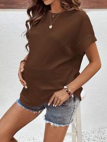 SHEIN Maternity Solid Color Round Neck Casual Versatile Short Sleeve T-Shirt, Summer - Coffee Brown - View 4