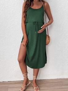 SHEIN Maternity Solid Color Waist Tie Casual Nursing Function Camisole Dress - Army Green - View 4