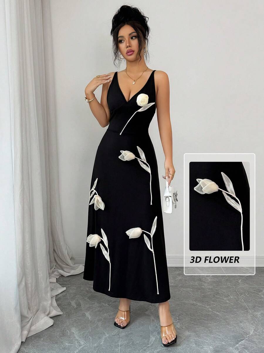 Rafferiza Vestido de tirantes largo con decoración floral elegante para mujer - Negro - Ver 1