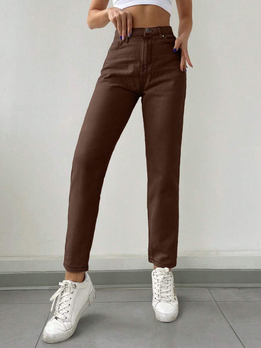 SHEIN Cottnline سراويل جينز نسائية ذات لون موحد، ذات جيوب، مستقيمة الساق - بني - مشاهدة 1