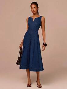 COSMINA Women's V-Neck A-Line Mid-Length Denim Dress, Waist Cinched, Casual Commute Elegant Vacation Denim Dress - Blue - View 5