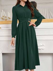 Modelyn Simple Button Front Belted Collar Long Sleeve Modest Dress Long Evening Dresses - Dark Green - View 7
