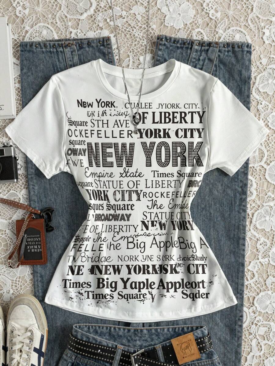 Glimmora Y2K 女款纽约字母图案T恤，复古圆领短袖舒适T恤，适合日常穿着 - 彩色 - 查看 1