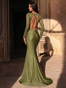 Glamrae Elegant Luxurious Stretchy Lace Patchwork Knit Dress,Ruched Open Back Bodycon Mermaid Evening Dress For Wedding,Party,Gala,Valentine's Day - Army Green - View 5