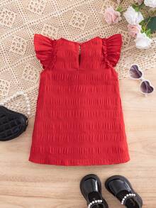 SHEIN Đầm liền thân tay bồng tối giản, chất liệu vải dệt họa tiết, thích hợp cho bé gái mặc trong những ngày hè mát mẻ. - Đỏ - Xem 2