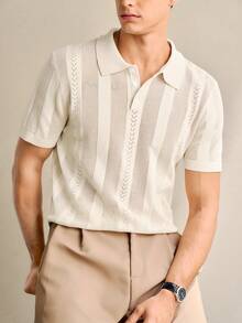 RONVEXI 男士夏季休闲度假日常通勤纯色镂空针织Polo衫，短袖针织领，舒适透气轻盈，适合休闲穿着，也适合度假和情人节穿着。男士钩针衬衫，男士度假装，男女通用衬衫，情侣装，奶油色针织Polo衫，男士纽扣针织Polo衫，男士钩针针织衬衫，男士纹理Polo衫 - 彩色 - 查看 2