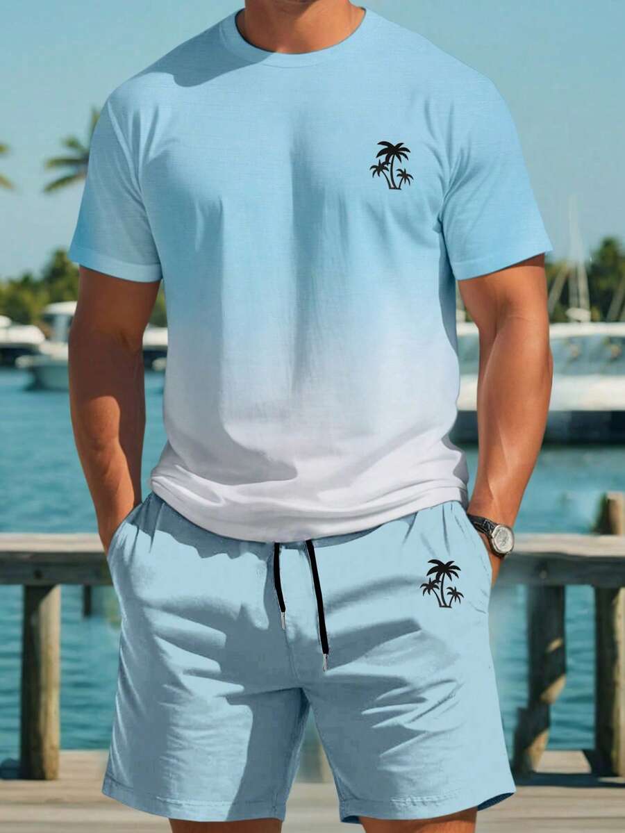 Manfinity RSRT Plus Size Men Gradient Color Casual Vacation T-Shirt And Shorts Set - Multicolor - View 1