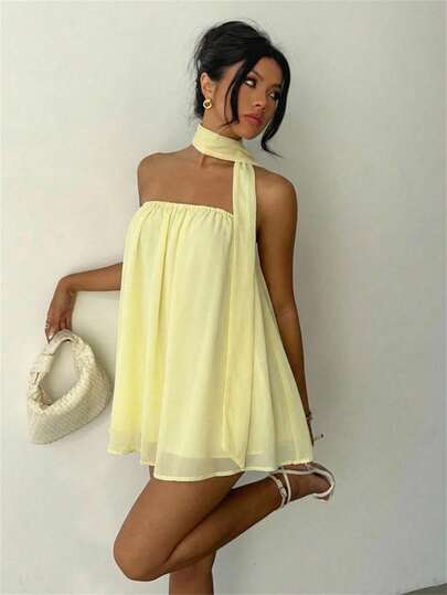 Aloruh Women's Elegant Tube Pleated Ruffle Neck Solid Light Yellow Beach Vacation Mini Dress, Chiffon Elegant Butter Yellow , Spring Outfit Women,Summer Dresses , Elegant Dresses For Party , Wedding Party Dress,Dress For Wedding Guest,Summer Holiday Outfits,Vacation Outfits Women, Beach Dresses,Beach Outfits For Women