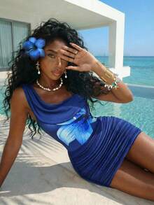 Slaydiva 2025新款印花不对称露肩露背褶皱迷你连衣裙，适合派对、生日、婚礼、度假、海滩等场合 - 藏蓝色 - 藏蓝色 - 查看 1