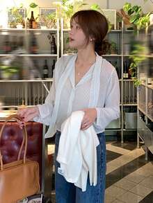 DAZY Áo kiểu nữ dáng rộng, cổ buộc dây, phối màu chấm bi, tay dài, thích hợp cho mùa hè. - trắng - Xem 7