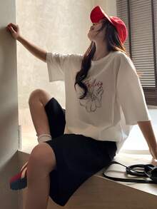 DAZY 女士甜美线条花卉印花短袖T恤，宽松版型，百搭白色纯棉休闲上衣，印花T恤，女款加大码 - 白色 - 查看 6