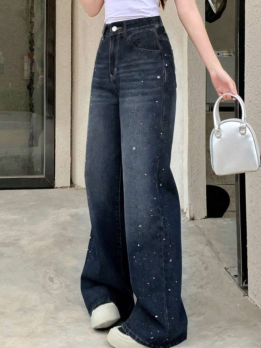 DAZY Quần jeans nữ ống rộng, túi xéo, kiểu dáng thường ngày, chất liệu denim mài, thích hợp mặc hàng ngày. - Xanh đậm - Xem 1