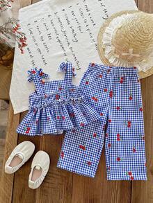SHEIN 2pcs Baby Girl Woven Plaid Cherry Pattern Camisole And Long Pants Set - Multicolor - View 2