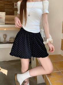 DAZY 女士休闲宽松荷叶边波点短裤 - 黑色 - 查看 4