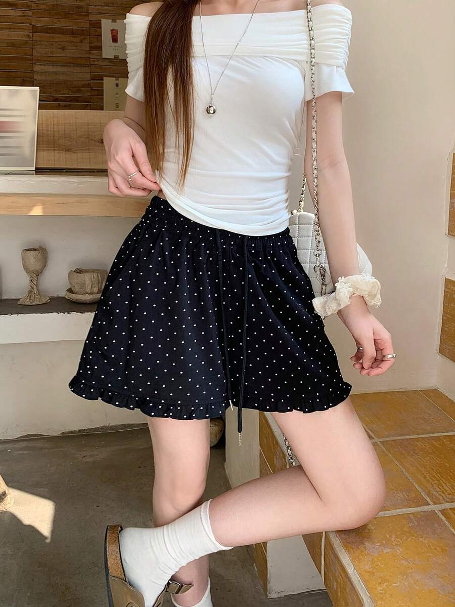 DAZY Women's Casual Loose Ruffle Hem Polka Dot Shorts - Black - View 1