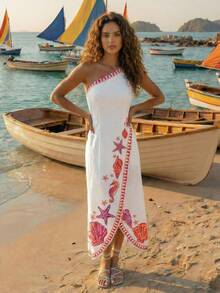 CAJUNI Asymmetric-Shoulder Sleeveless Fashionable Summer Wrap Dress With Ocean Elements Print. - Beige - View 3