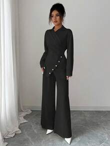 Modelyn 女士春秋季编织领长袖系带休闲两件套 - 黑色 - 查看 6