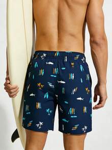 Manfinity Swimmode Men's Summer Vacation Fish Print Drawstring Waist Beach Shorts - Navy Blue - View 4