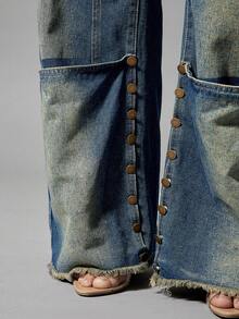 Denimoi Women's Pocket Button Design Wide Leg Loose Casual Jeans - Blue - View 2