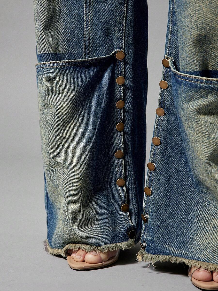 Denimoi Jeans casuales anchos y sueltos con diseño de botones de bolsillo para mujer - Azul - Ver 1