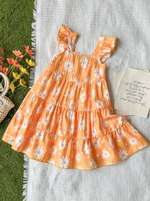 Vintaside Kids Vestido de verano con volantes, estampado floral de margaritas y dobladillo escalonado para niña en vacaciones a la playa - Amarillo - Ver 3