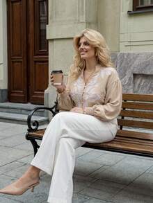 Dripcurv Camisa de manga larga casual y versátil con patrón de bordado floral para mujer de talla grande - Albaricoque - Ver 4