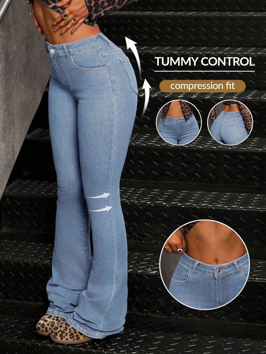 SHEIN Tall 女士休闲百搭中腰修身喇叭牛仔裤，带口袋 - 淺色水洗藍 - 查看 1