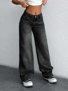 Low Waist Slant Pocket Casual Straight Cut Jeans - Dark Grey - View 7