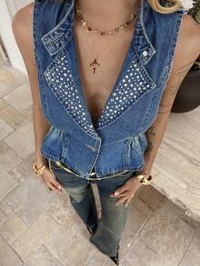 DAZY Women's Lapel Sleeveless Cinched Waist Studded Urban Casual Denim Vest And Jacket - Medium Wash - View 4