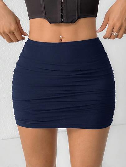 SHEIN PETITE Double Layer Mesh Hip-Covering Short Skirt Navy Blue Skirt Dark Blue Skirt Sexy Skirts For Women Bathing Suit Skirt Ruched Skirt