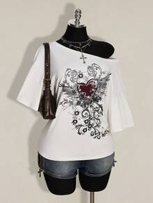 SHEIN ICON Áo thun nữ cỡ lớn họa tiết punk, vai lệch, dáng rộng - trắng - Xem 7