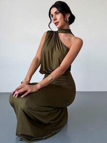 Firerie 女士优雅简约浪漫端庄宴会派对假日婚礼宾客度假不对称领口单肩垂褶修身亮面橄榄绿超长连衣裙 - 橄欖綠 - 查看 6