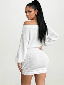 SHEIN SXY Vestido ajustado de unicolor elegante con hombros descubiertos, adecuado para ir al trabajo (tallas grandes) - Blanco - Ver 2