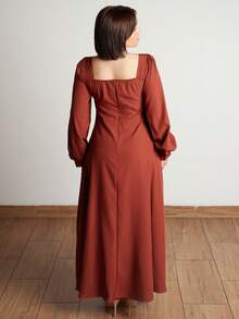 Lupita Cardoza Women's Fall Elegant Square Collar Puff Sleeve Waisted Maxi Dress, Suitable For Daily Commute - Brown - View 2