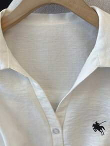 SHEIN Franclia Women's Casual Polo Embroidery Collar Sleeveless White Shirt, Spring/Summer - White - View 4