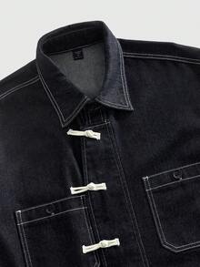 ROMWE MEN Street Life Áo sơ mi denim nam kiểu Trung Quốc, phối màu tương phản, thích hợp mặc hàng ngày đi làm, phong cách thường ngày, thích hợp cho mùa hè. - Nhiều màu - Xem 9