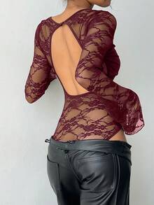 Aloruh Women's Solid Black Lace Sexy Backless Bodysuit, Autumn/Winter New Arrival - Burgundy - View 2