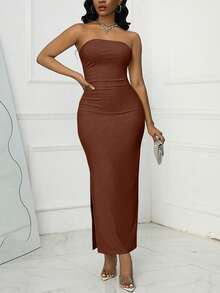 VaVaBold Split Thigh Tube Bodycon Dress Maxi Women Outfit - Brown - View 4