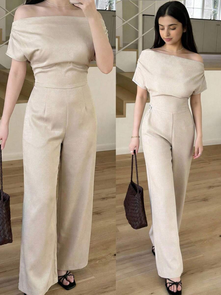 SHEIN Teen Girls T-Shirt Co-Ords Summer New Arrival Simple Elegant Daily Casual Linen Commuter Wide Collar Off Shoulder Blouse And Wide Leg Pants Suit Beige Culottes Linen Two Piece Set Off Shoulder Top Beige V Neck Top Neutral Two Piece Set - Apricot - View 1