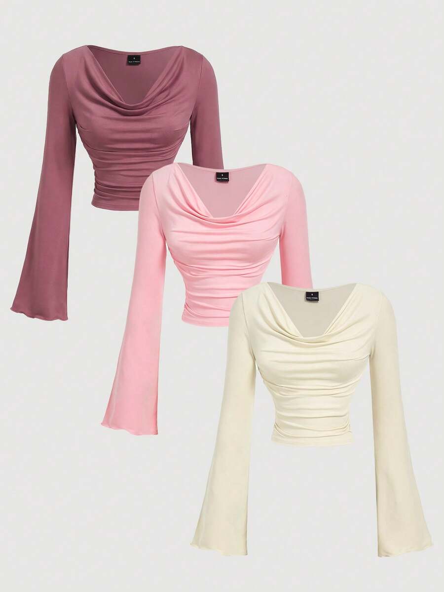 SHEIN MOD Bộ áo thun dài tay ôm dáng, cổ bèo nhún, tay loe xếp ly 3 màu. - Nhiều màu - Xem 1