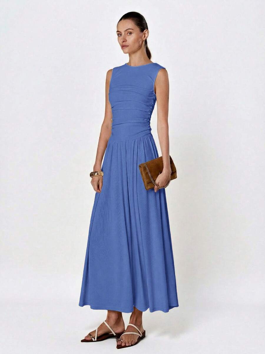 Aveloria Modichic White Minimalist Sophisticated Pleated Crew Neck Sleeveless Dress - Blue - View 1