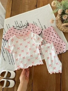 LMoss Kids 4件套女宝宝夏季可爱爱心蝴蝶结荷叶边圆领短袖短裤休闲舒适修身睡衣套装 - 彩色 - 查看 3