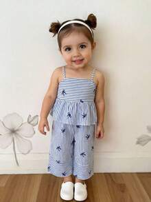 LMoss Kids Baby Girl Casual Vacation Fashion Slim Fit Comfortable Woven Blue Striped Camisole With Ruffled Hem Top And Wide-Leg Pants Set Matching Outfits Summer Toddler Girl Toddler Girl Stripe Outfit Toddler Girl Stripe - Blue - View 3