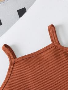 SHEIN 2pcs/Set Girls' Summer Creative 3D Embroidery Decor Camisole With Ruffle Hem And Casual Pants Set - Brown - View 4