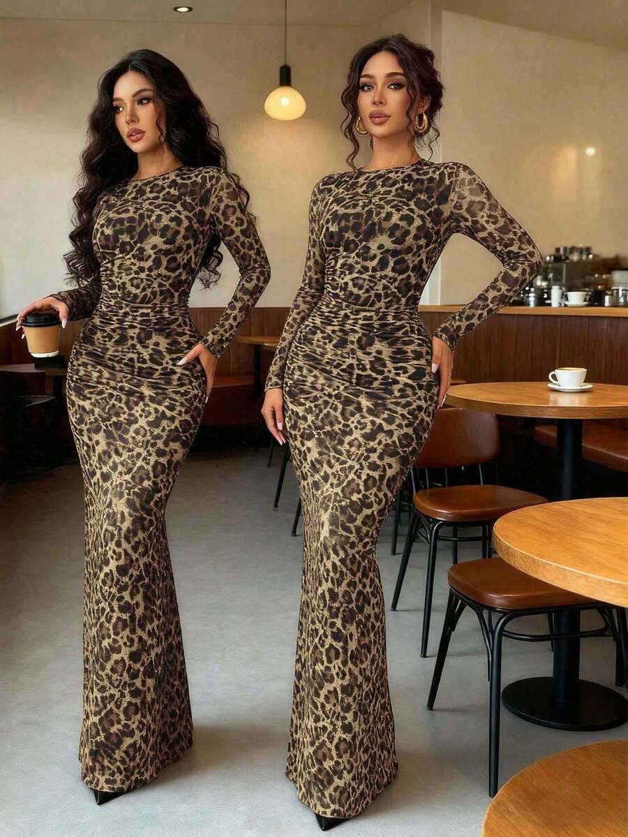 Rafferiza Tall Elegante abito con stampa leopardata, orlo a coda di pesce, maniche lunghe, autunno, per donne alte - Marrone Cioccolato - Visualizzare 1